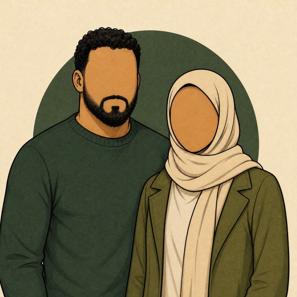 Illustration of Youcef and Amina, faceless comic characters
